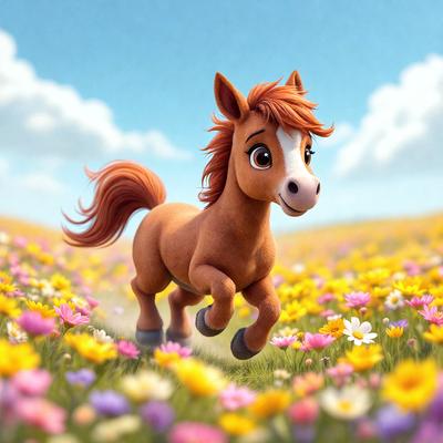 The primary subject of the image is a brown horse with a white face, running through a field of flowers. The setting is a lush, colorful field with a variety of flowers, creating a vibrant and cheerful atmosphere. The visual style is a combination of photo and digital art, giving the image a realistic yet artistic appearance. The horse's expression and movement convey a sense of freedom and joy, making the scene both captivating and uplifting.